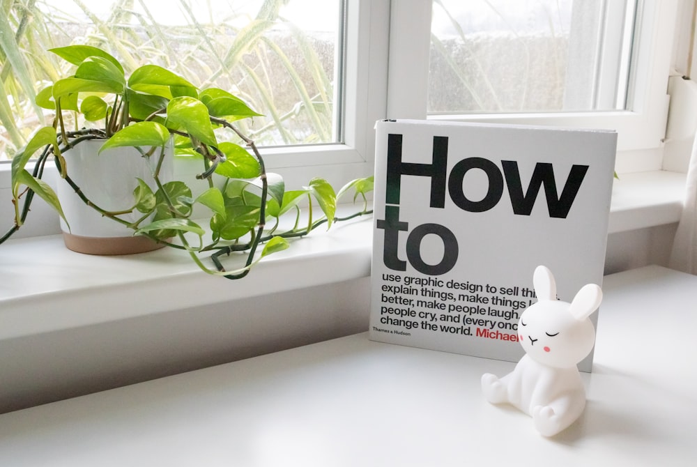 a book sitting on a window sill next to a potted plant