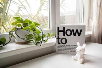 A white windowsill displays a thriving green potted plant with long, trailing vines. Next to it is a book titled 'How to,' featuring bold black typography on its cover. A small white decorative rabbit figurine with closed eyes is placed in front of the book. The window offers a view of more greenery outside, and the scene is gently lit by natural light.