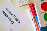 a sign that says social media marketing next to a keyboard