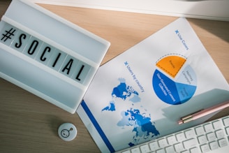 a piece of paper sitting on top of a desk next to a keyboard and sign saying #social