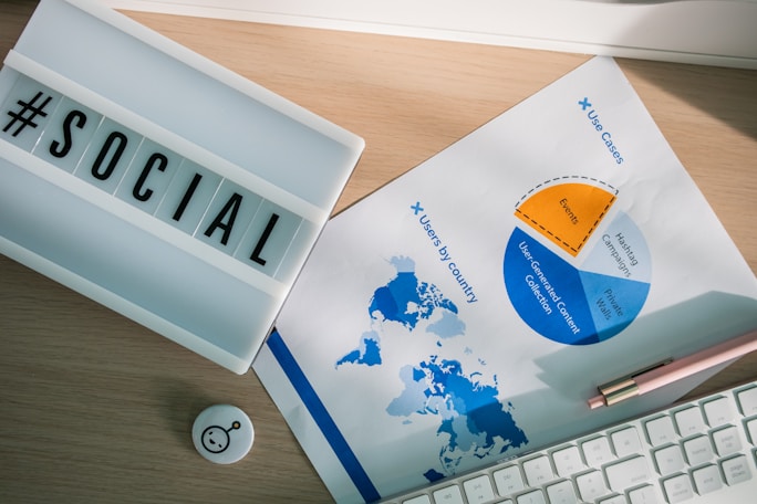 a piece of paper sitting on top of a desk next to a keyboard and sign saying #social