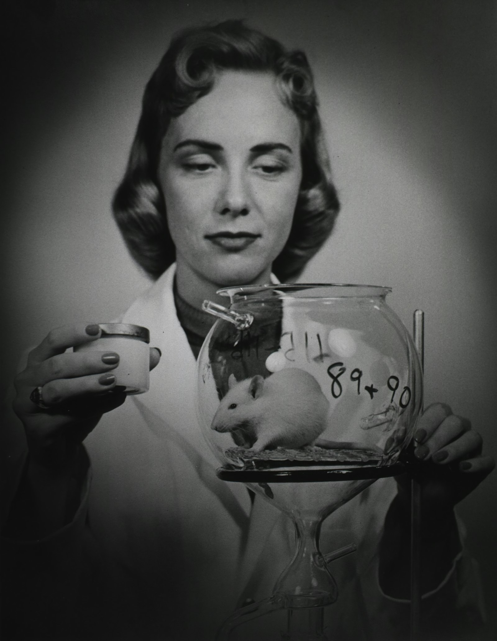 A researcher holding a laboratory mouse in a glass jar — every efficacy result for 5-amino-1MQ comes from diet-induced obese mice, not people