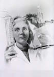 a black and white photo of a woman holding a flask