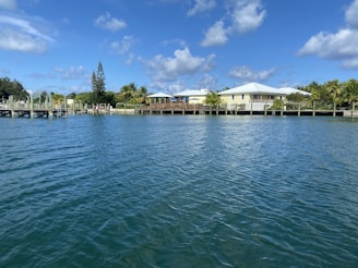 A serene waterfront home with a private dock framed by swaying palm trees under a bright blue Florida sky.