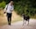a man walking a dog down a dirt road