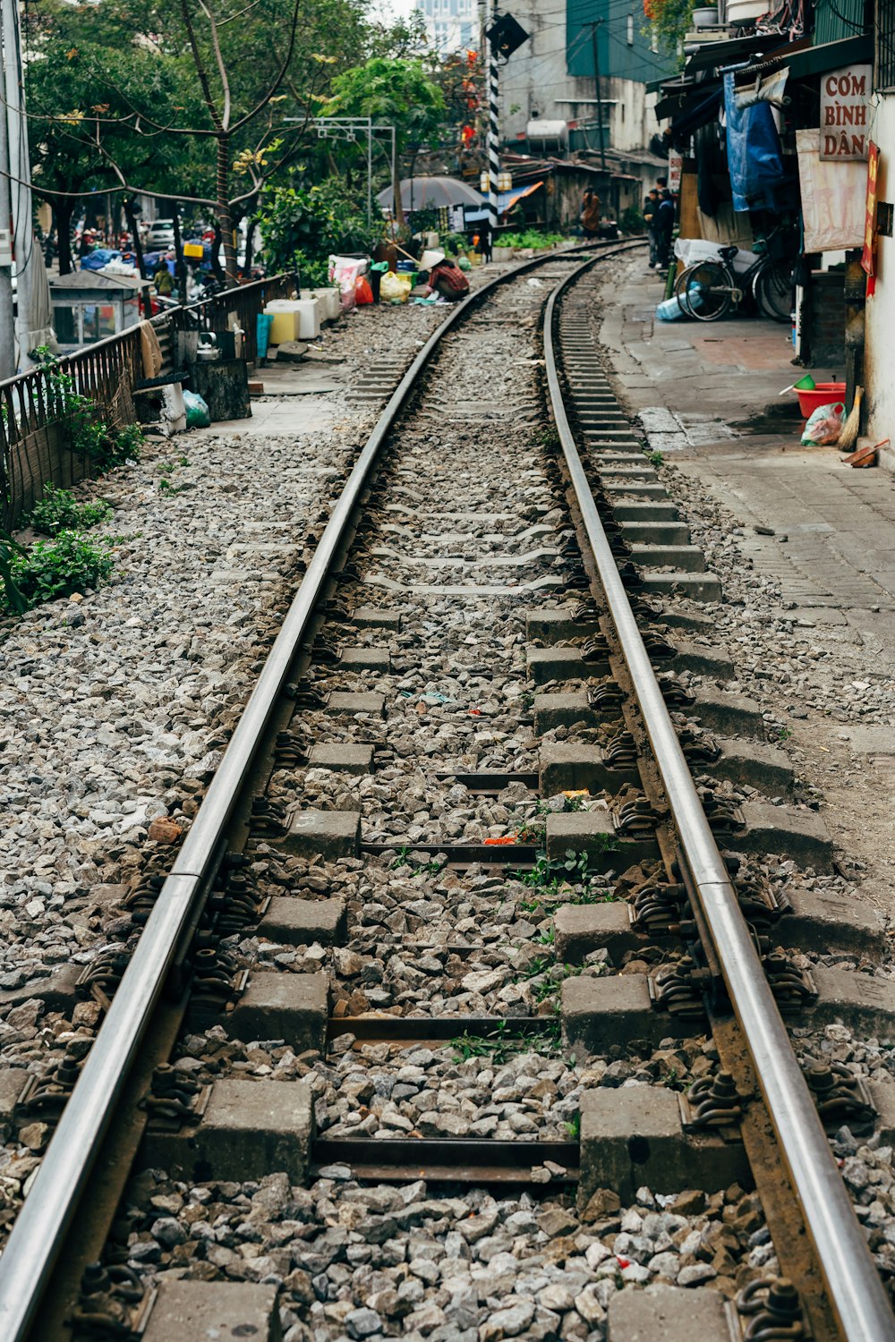 a train track running through a small town