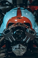 A detailed shot of a polished chrome engine on a retro motorcycle.