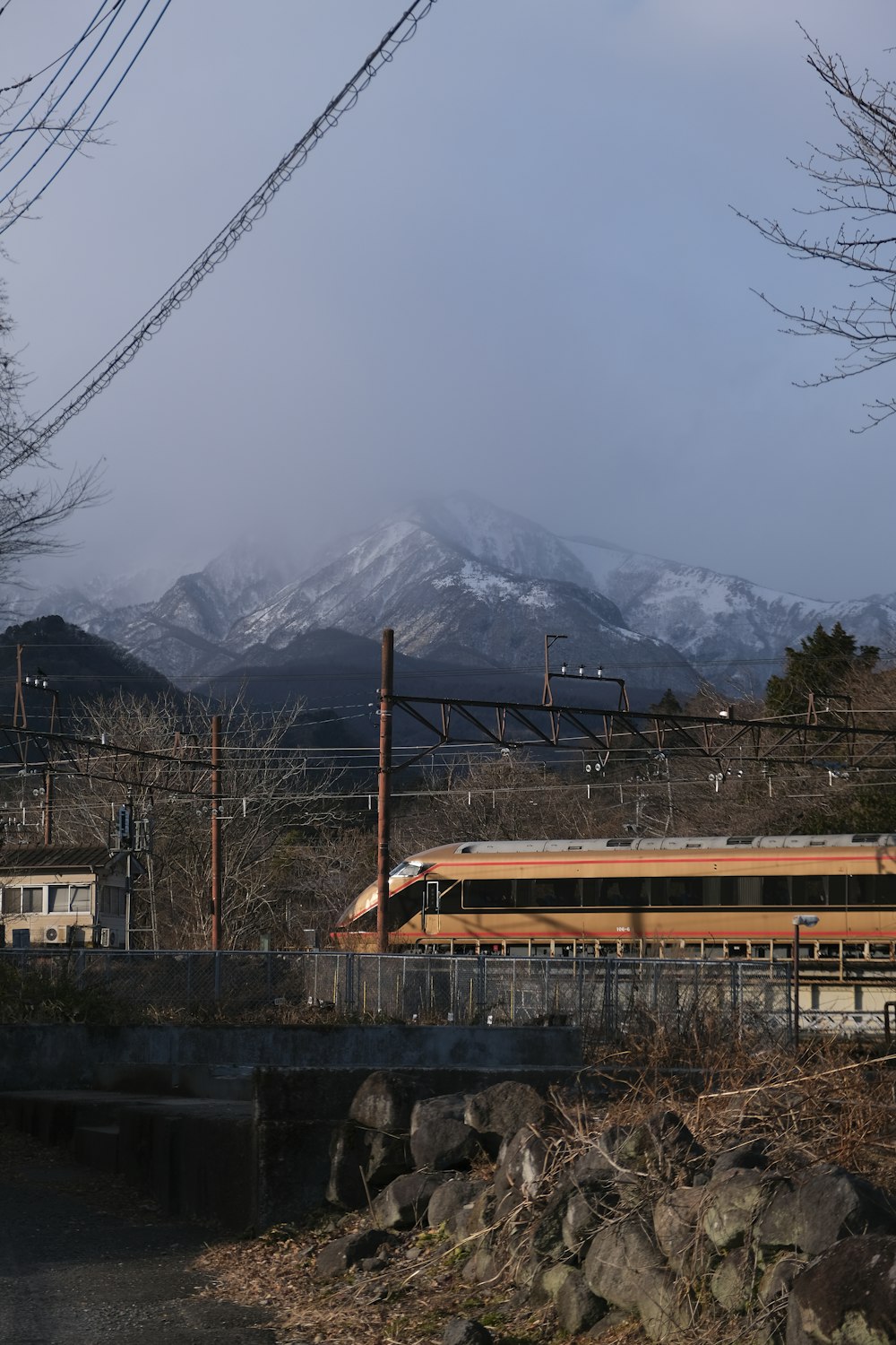 a train traveling past a mountain covered in snow