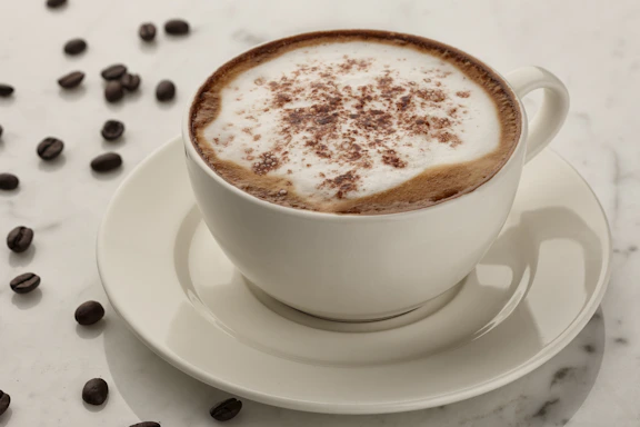 a cappuccino on a saucer surrounded by coffee beans