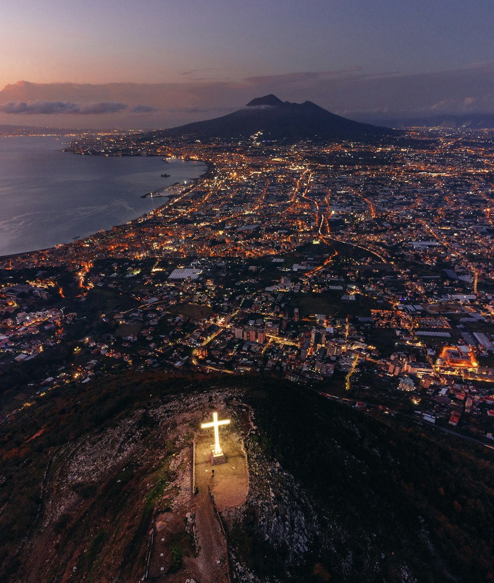 an aerial view of a city at night