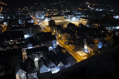 Nighttime drone shot showing illuminated streets and buildings in Ecuador