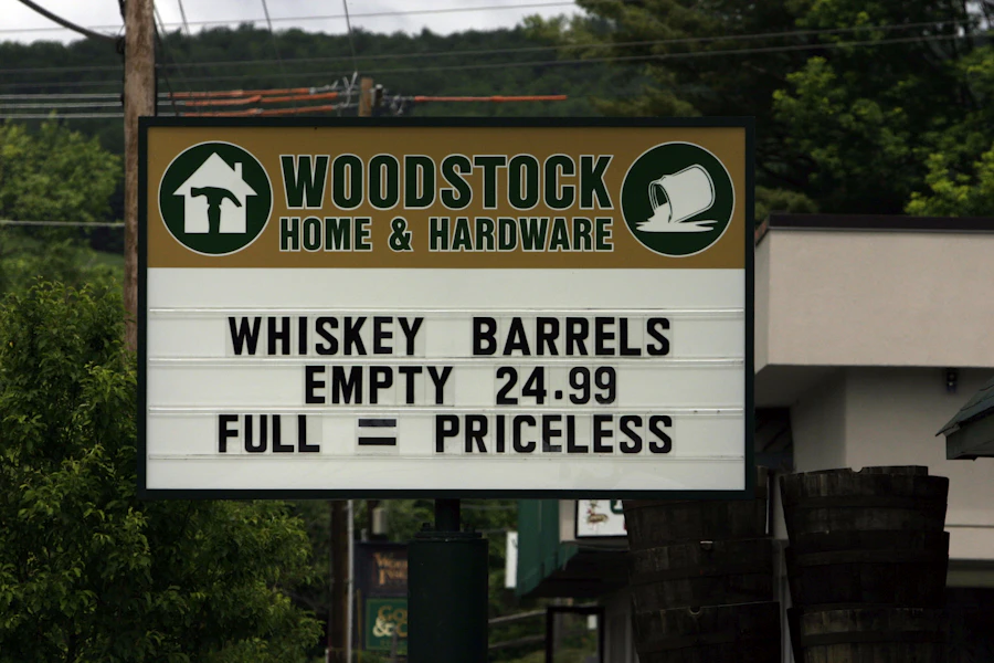 Hardware store sign on a Woodstock, Vermont street, a reminder that community life still centers on local shops