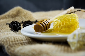 A piece of honeycomb is placed on a white plate, accompanied by a wooden honey dipper. The background includes a textured burlap fabric with a few dark pinecones, enhancing the rustic feel.
