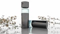 A sleek, modern perfume bottle with a transparent section showing light blue liquid, surrounded by delicate flowering branches. The design is minimalistic and elegant, suggesting luxury and sophistication.