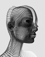 A 3D wireframe model of a human head, composed of interconnected black spheres forming a mesh pattern. The head is turned to the side, showcasing intricate details in a geometric and abstract style against a plain white background.