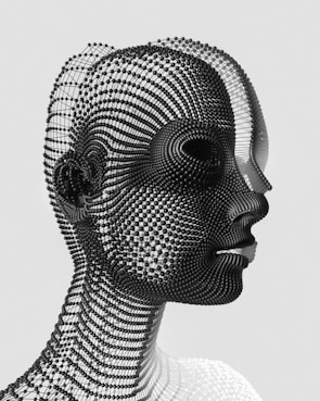 A 3D wireframe model of a human head, composed of interconnected black spheres forming a mesh pattern. The head is turned to the side, showcasing intricate details in a geometric and abstract style against a plain white background.