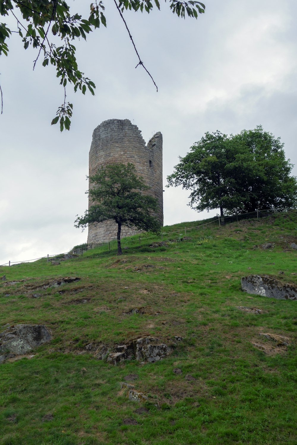 uma torre de pedra sentada no topo de uma encosta verde exuberante