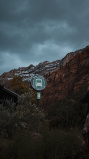 A bus stop sign with the words 'Zion Shuttle, Zion Canyon Line, Stop 4' stands against a backdrop of rugged mountains with patches of snow. The scene is framed by dark green foliage, and the sky is overcast with heavy clouds.