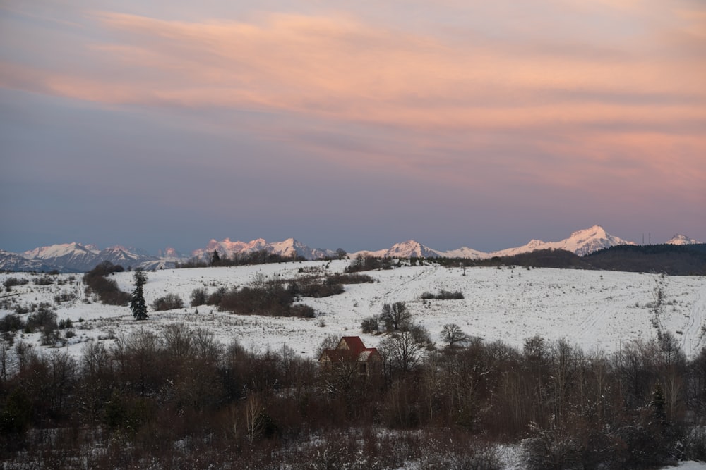 a snow covered field with mountains in the background