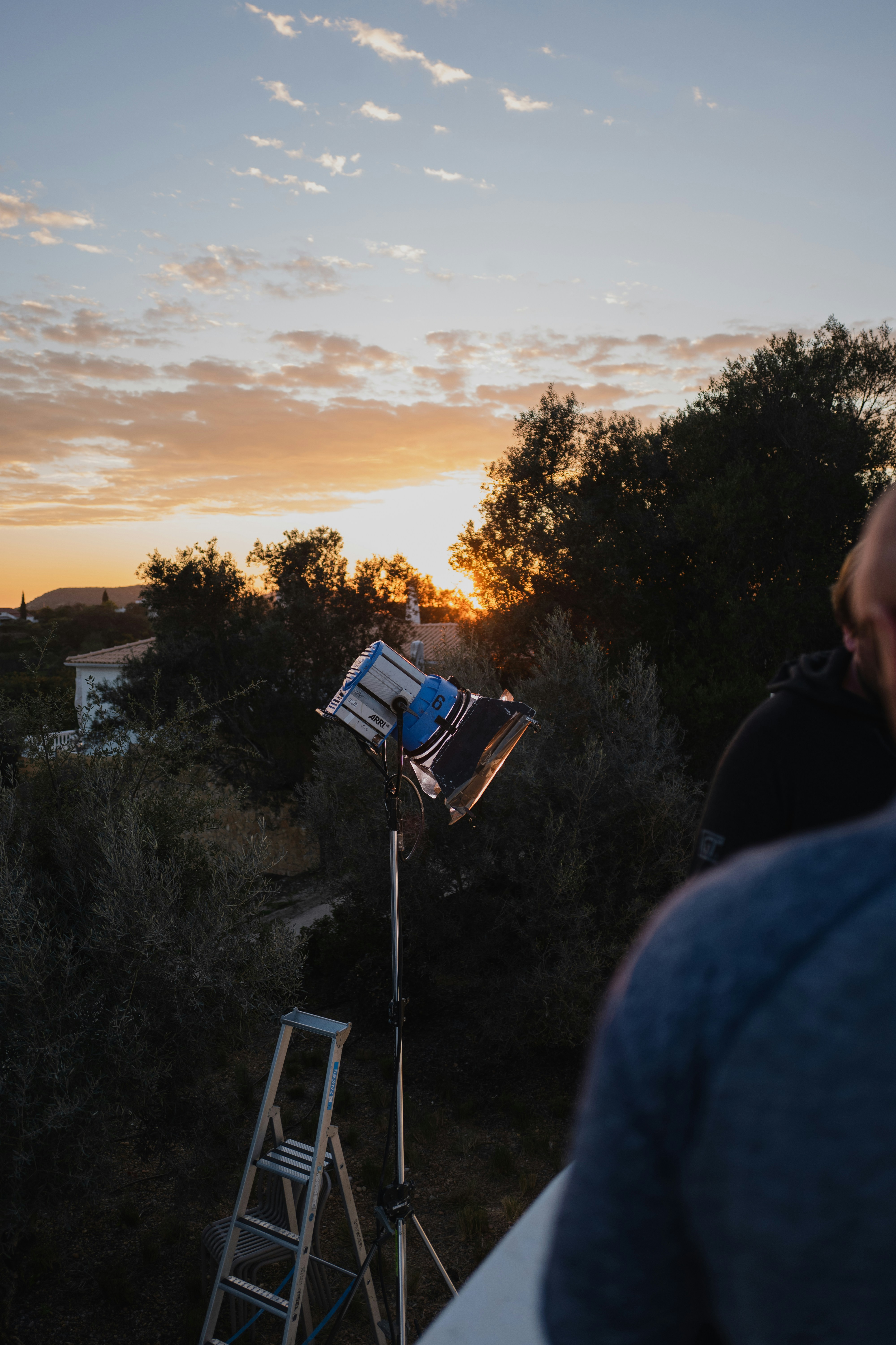 Film crew equipment set up for an outdoor production.