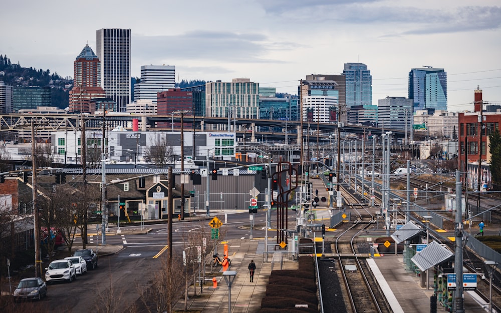 a view of a city from a train station