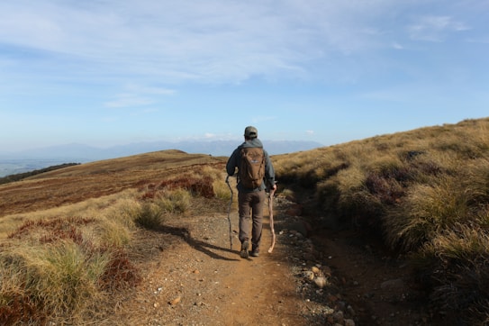 A lone hiker walking along a dirt path through a hilly landscape with dry grass and patches of vegetation. The person is carrying a backpack and a walking stick. The sky is clear with a calm and expansive view of distant mountains on the horizon.