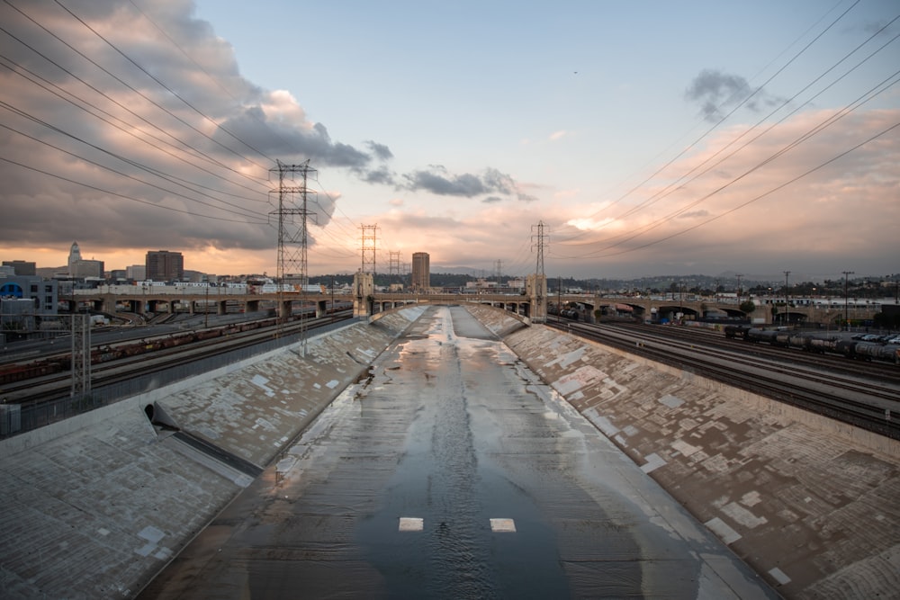 a view of a train track with a sky background