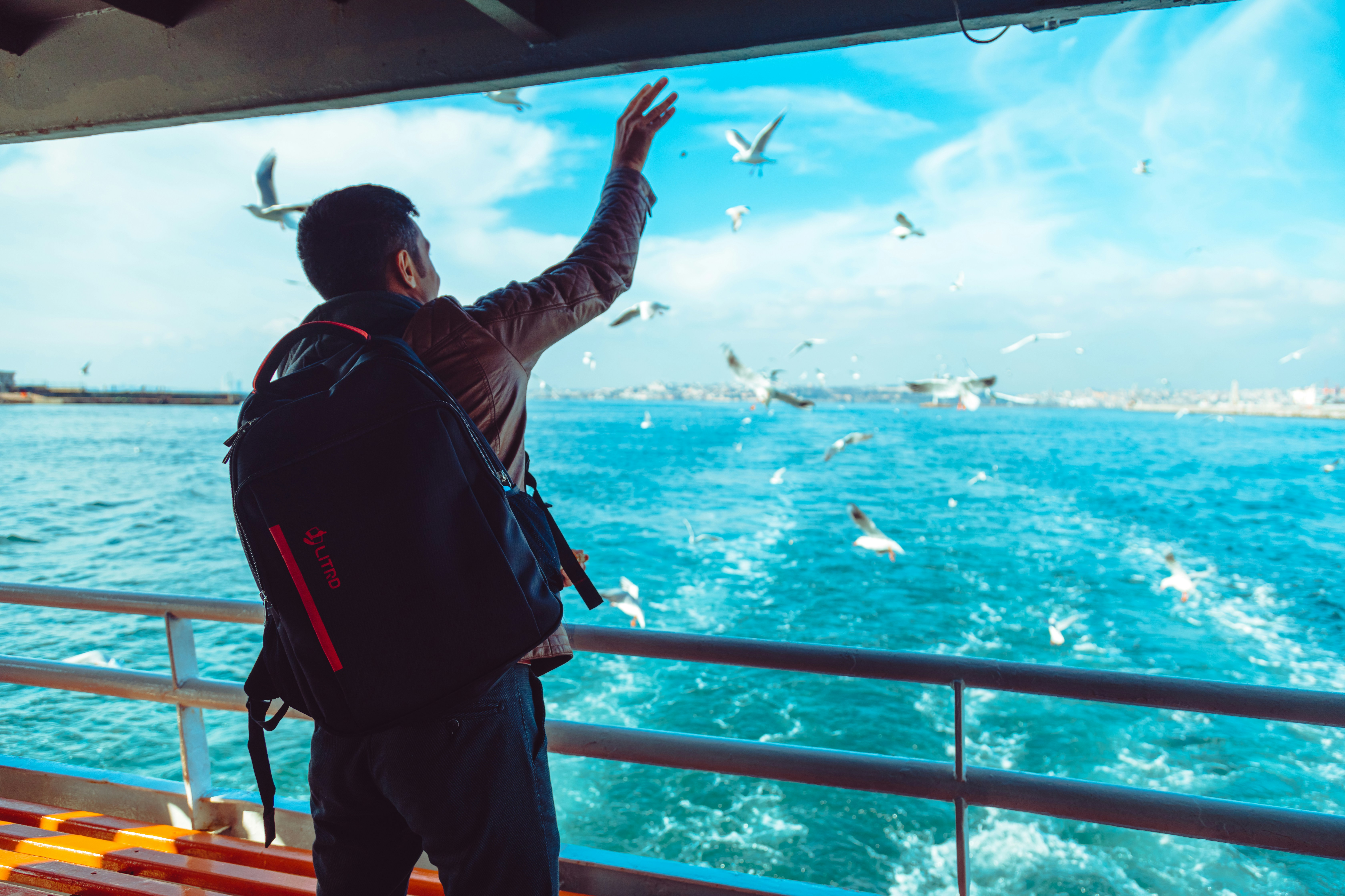 Un hombre parado en un bote mirando gaviotas