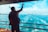 A man with a backpack waves at seagulls while standing on a boat with a vibrant blue ocean in the background. The sky is clear with light clouds, and the scene conveys a sense of freedom and exploration.