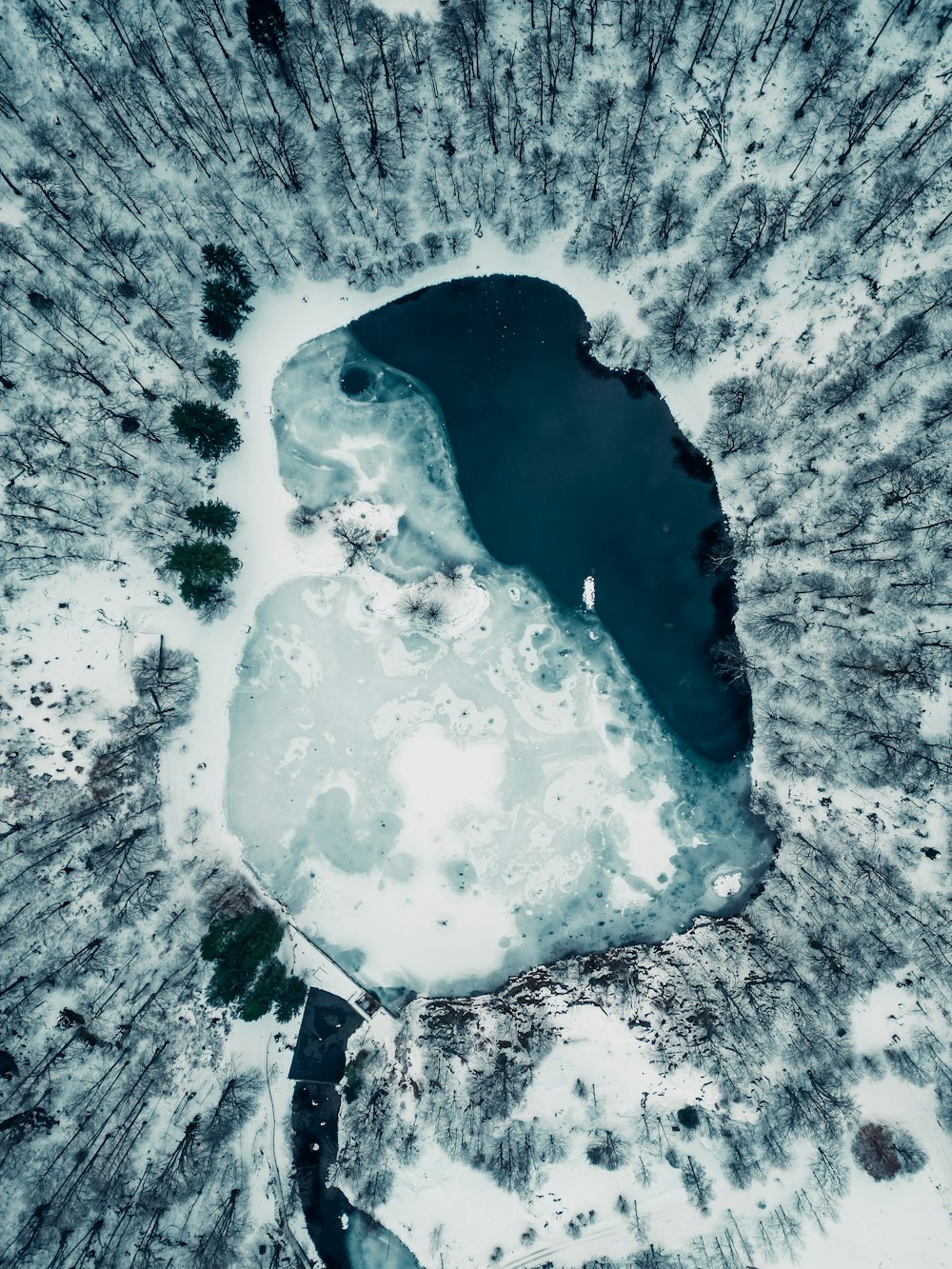 an aerial view of a lake surrounded by snow