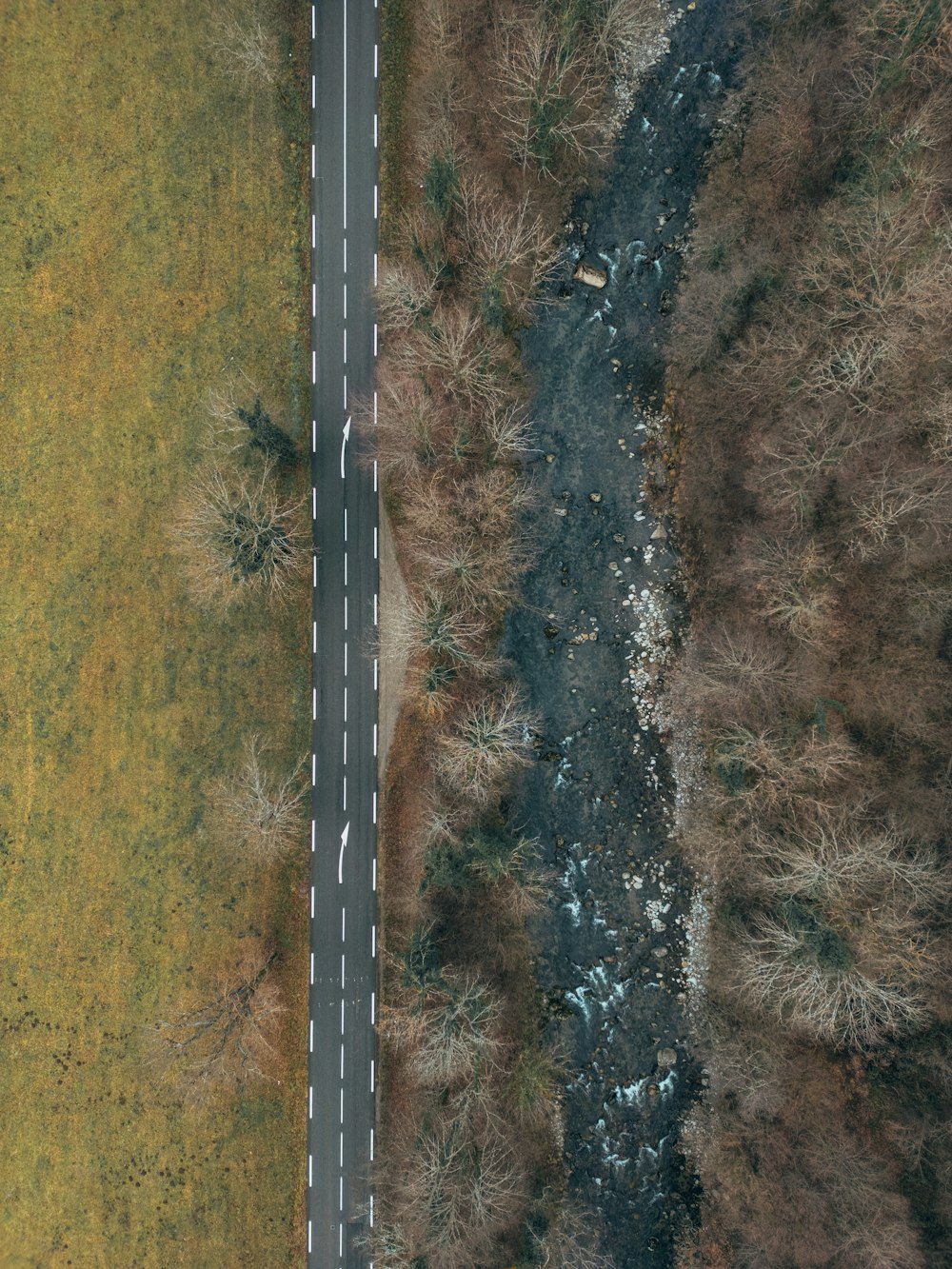 an aerial view of a road in the middle of a field