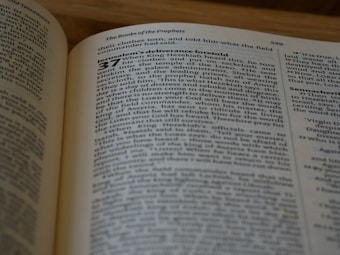 A close-up view of an open book, displaying text from a religious scripture. The text is neatly printed in paragraphs, with chapter and verse numbers highlighted in bold. The lighting is soft, casting slight shadows on the page.