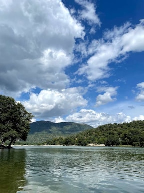 A tranquil scene featuring a calm body of water with lush green trees on the shoreline. In the background, gentle hills rise under a bright blue sky filled with scattered, fluffy white clouds.