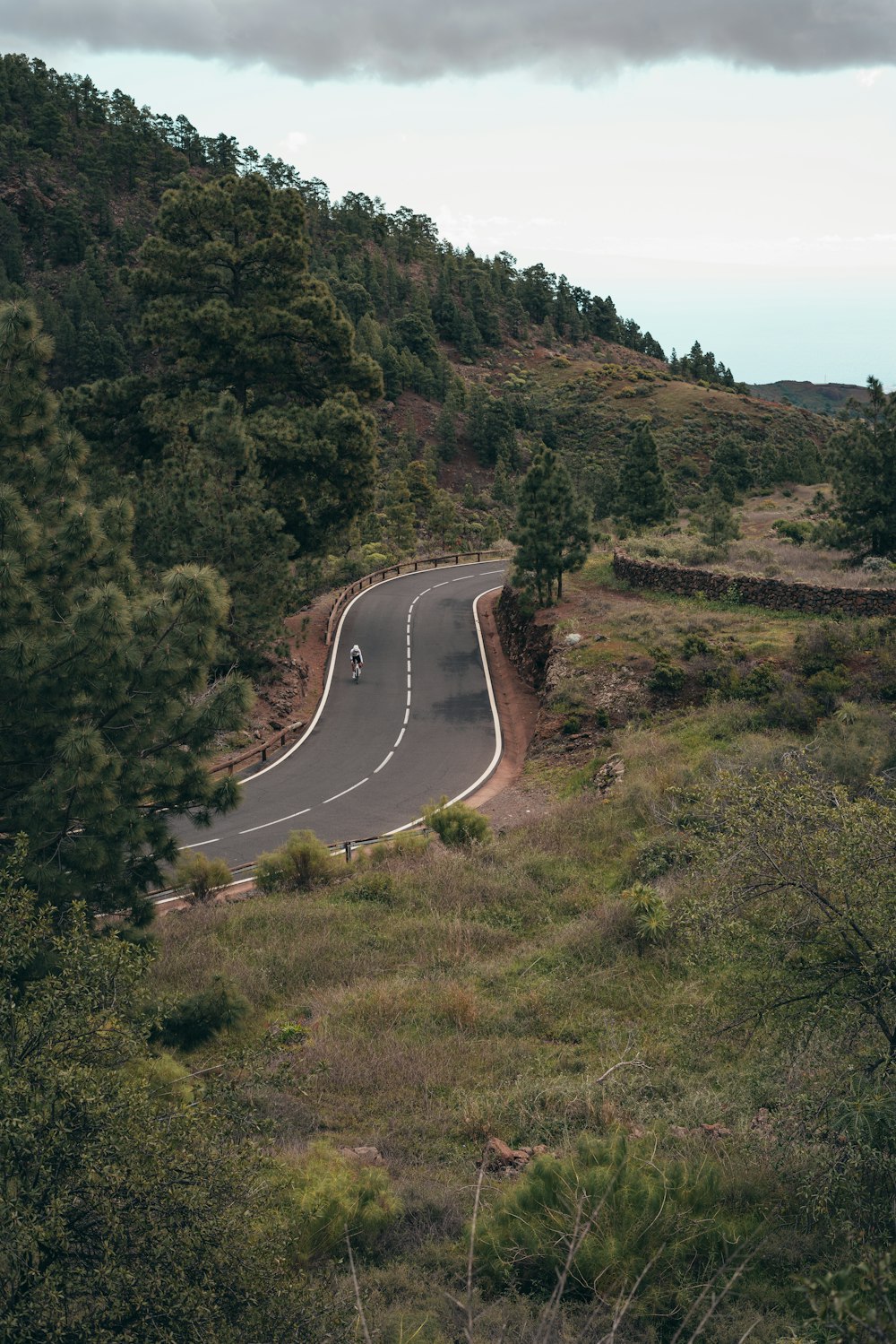 a winding road in the middle of a lush green hillside