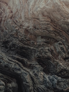 Intricate patterns of rock formations create swirling layers in various shades of brown, gray, and black. The texture is rugged and uneven, suggesting a geological formation that has been shaped by natural forces over time.