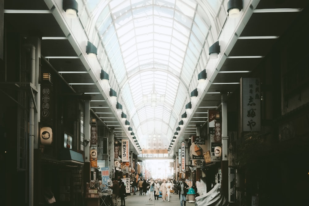 a long hallway with a skylight above it