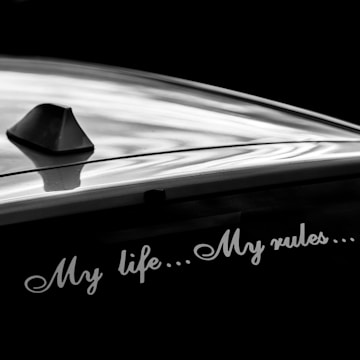 A close-up of a car's roof with a shark fin antenna in the center. Below, a decal with the phrase 'My life... My rules...' is visible. The surface has a glossy, reflective finish, capturing light in a wavy pattern.