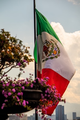 A large Mexican flag is prominently displayed against a backdrop of a partly cloudy sky. The flag's colors of green, white, and red are vivid, with the national emblem visible in the center. In the foreground, a planter with lush purple flowers is slightly out of focus. In the background, a city skyline with modern buildings can be seen.