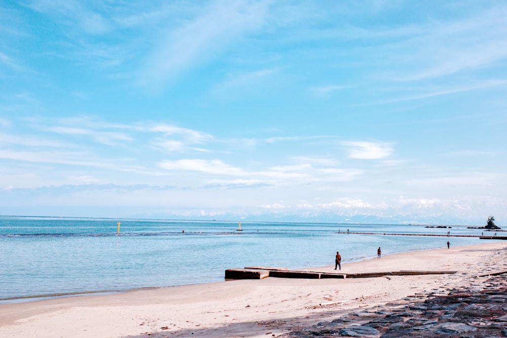 people are standing on a beach near the water