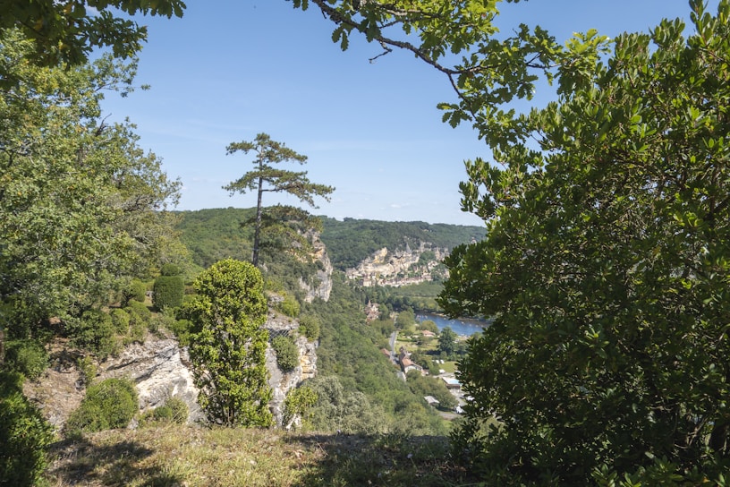 a scenic view of a valley with a lake in the distance