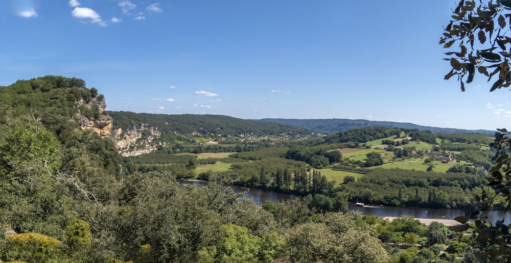 a scenic view of a valley with a river running through it