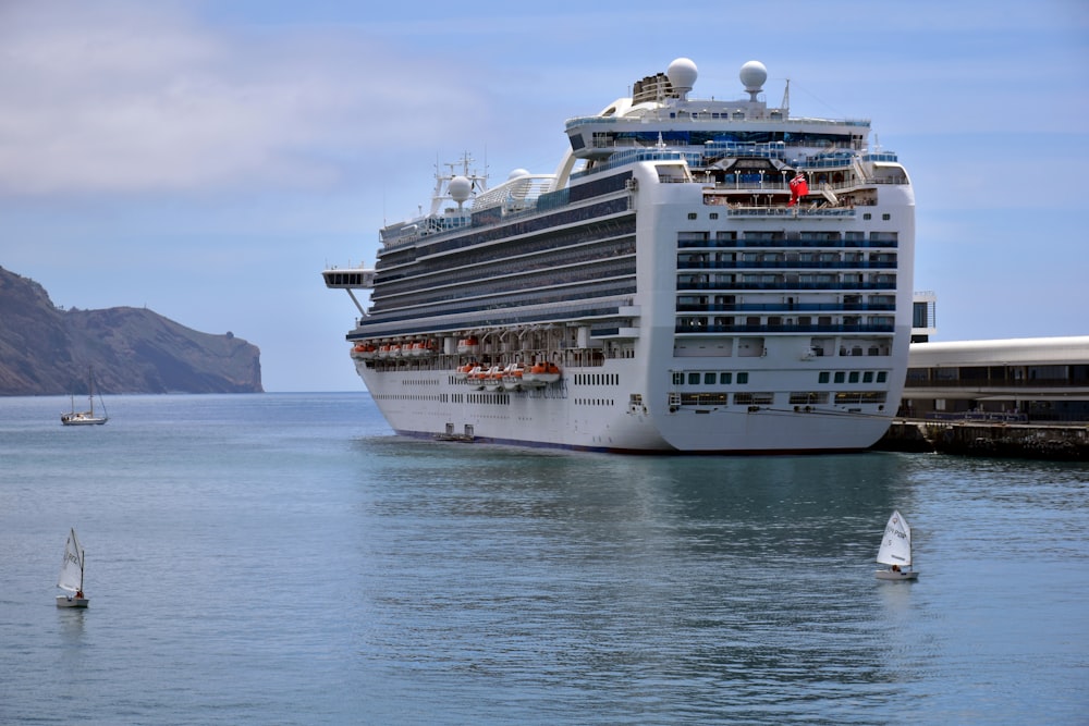 a large cruise ship in the water next to a dock