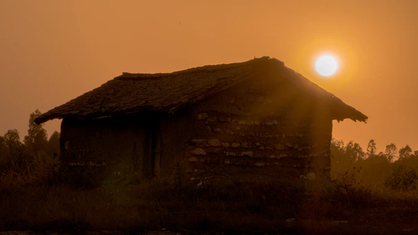 Sunset view of a country house with a wooden porch and surrounding trees casting long shadows