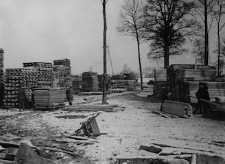 A snowy yard with tall stacks of lumber and wooden planks. Two people are visible, one near a cart filled with wood. The area is surrounded by tall, bare trees indicating a winter setting.
