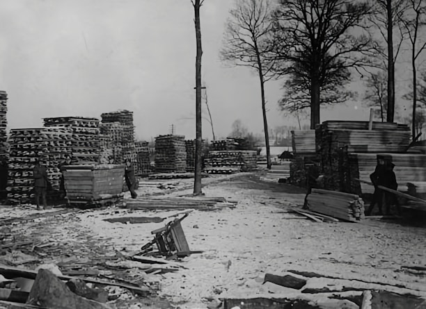 A snowy yard with tall stacks of lumber and wooden planks. Two people are visible, one near a cart filled with wood. The area is surrounded by tall, bare trees indicating a winter setting.
