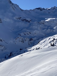 A group of people is hiking across a vast snow-covered mountain landscape, with rugged peaks and scattered trees in the background. The light creates shadows, adding depth to the snowy scene.