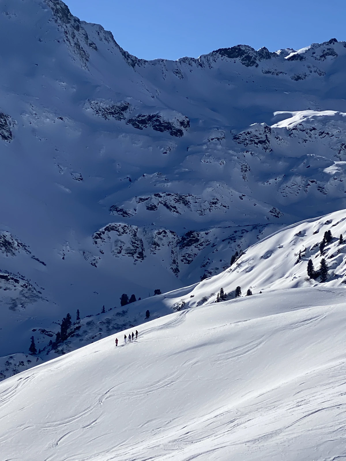 A group skiing together in the Austrian Alps near St Anton