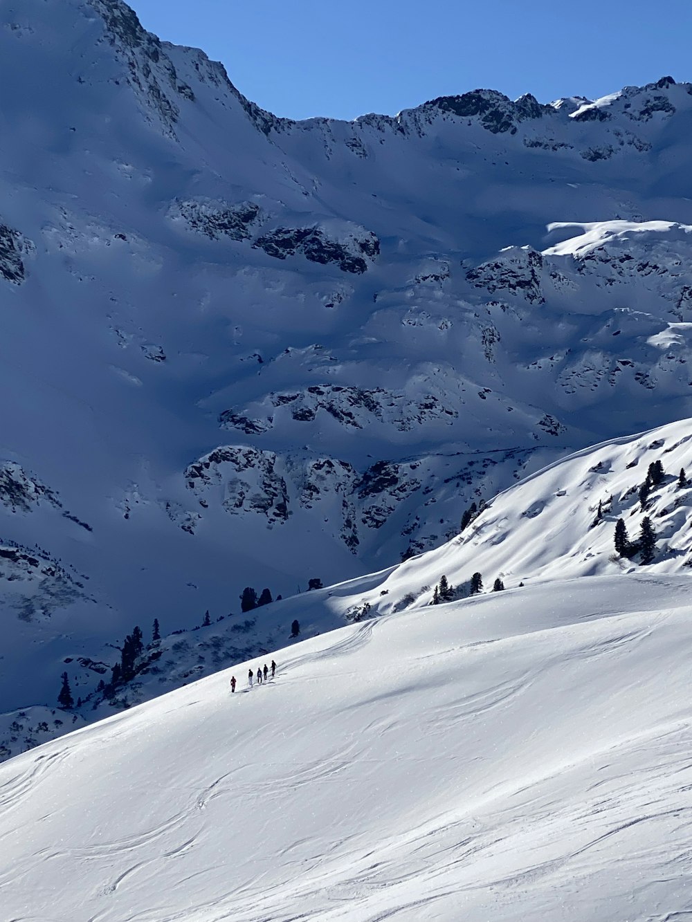 a group of people riding skis down a snow covered slope