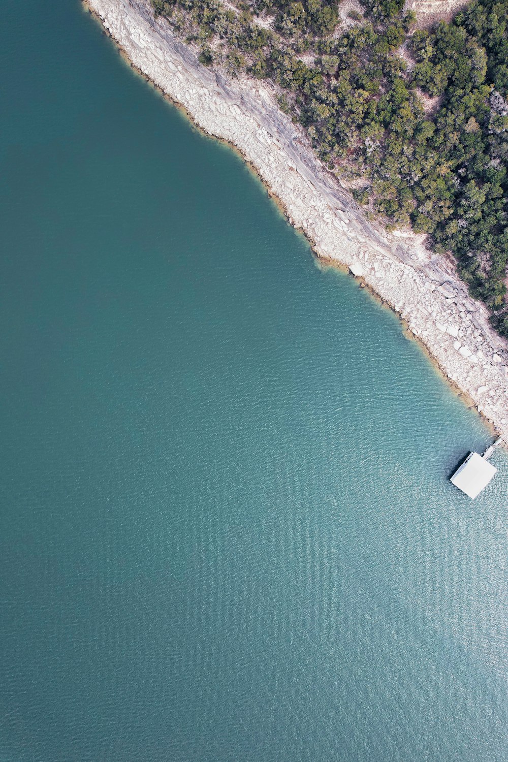 Una vista aérea de un cuerpo de agua rodeado de árboles