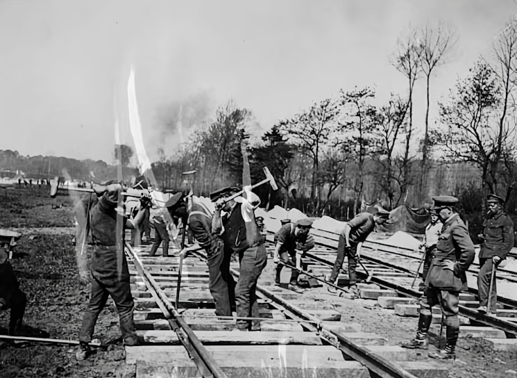 A group of trainees in high-visibility gear practicing railway track maintenance under supervision on a sunny day.